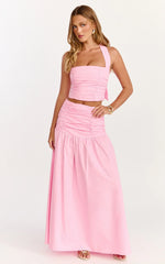 Anya Two Piece Top And Skirt Set - Gathered Halted Neck Top And High Waist Maxi Skirt In Pink