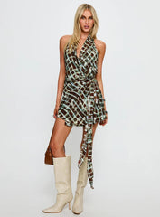 Brissa Halter Wrap Mini Dress Brown Multi