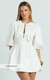 Shailene Mini Dress - Tie Front Puff Sleeve Recycled Denim Dress in Ecru