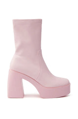 Azalea Wang Danielle Baby Pink Stretch Pu Chunky Heel Bootie