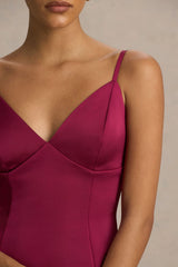 Elara | Burgundy Satin Plunge-Neck Mini Dress