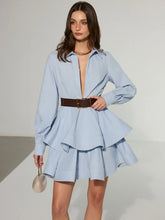 Belted Zip-Front Cotton Tiered Shirt Dress
