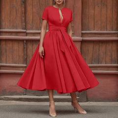 JuliaFashion - Vintage Solid Short Sleeve Maxi Dress