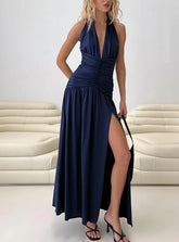 Diona Halter Ruched Maxi Dress Navy