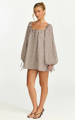 Brixton Mini Dress - Square Neck Smock Dress in Chocolate