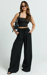 Nicole Pants - High Waist Elasticated Gathered Waist Wide Leg Pants in Black