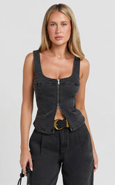 Bellerose Top - Front Zip Denim Fitted Top in Washed Black