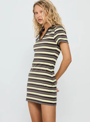 Zuria Collared V-neck Mini Dress Brown / Yellow Stripe