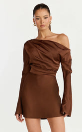 Sienna Mini Dress - Tipped Shoulder Long Sleeve Dress in Chocolate