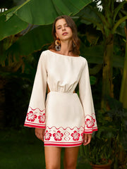 Floral Embroidered Backless Tie Dress