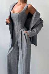 Women’s Three-Piece Trouser Suit – Double-Breasted Blazer, Corset Top, Wide-Leg