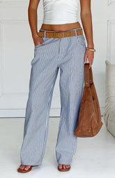 Amity Navy Stripe Mid Rise Straight Leg Jeans