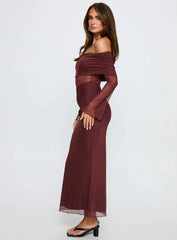 Velouria Off Shoulder Long Sleeve Maxi Dress Brown