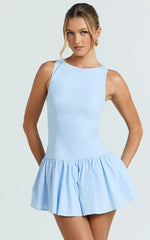 Izira Mini Dress - Boat Neck Drop Waist Shift Dress in Blue