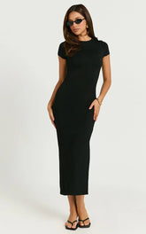 Elaine Midi Dress - Short Sleeve Slim Fit Bodycon Dress in Black