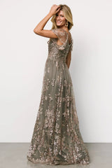 Corinne Shimmer Maxi Gown | Dark Sage + Rose Gold