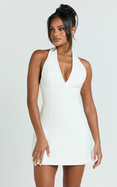 Yelena Mini Dress - Halter Neck Bow Detail Mini Dress in White