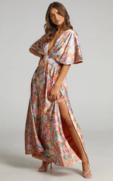 Sophia Maxi Dress - Plunge Neck Bat Wing Sleeve Dress in Multi Floral