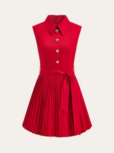 Shirt-Collar Pleated Dress with Belt