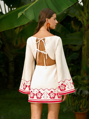 Floral Embroidered Backless Tie Dress