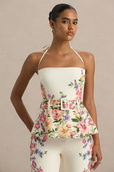 Maud | White Floral Border Print Square-Neck Tailored Top