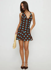 Karolie Halter Plunge Mini Dress Brown / Blue Polka Dot