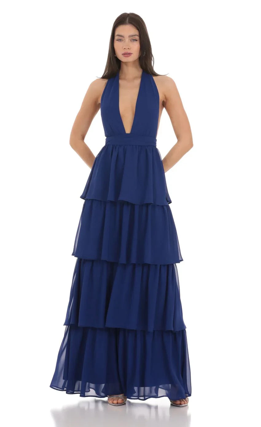 Chiffon Plunge Ruffle Dress in Blue