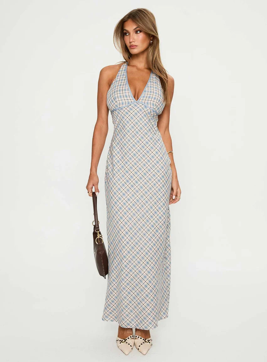 Evienna Halter Maxi Dress Blue Check