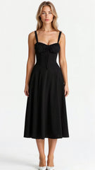 Corset Midi Dress – Tailored Waist and Flowing Skirt