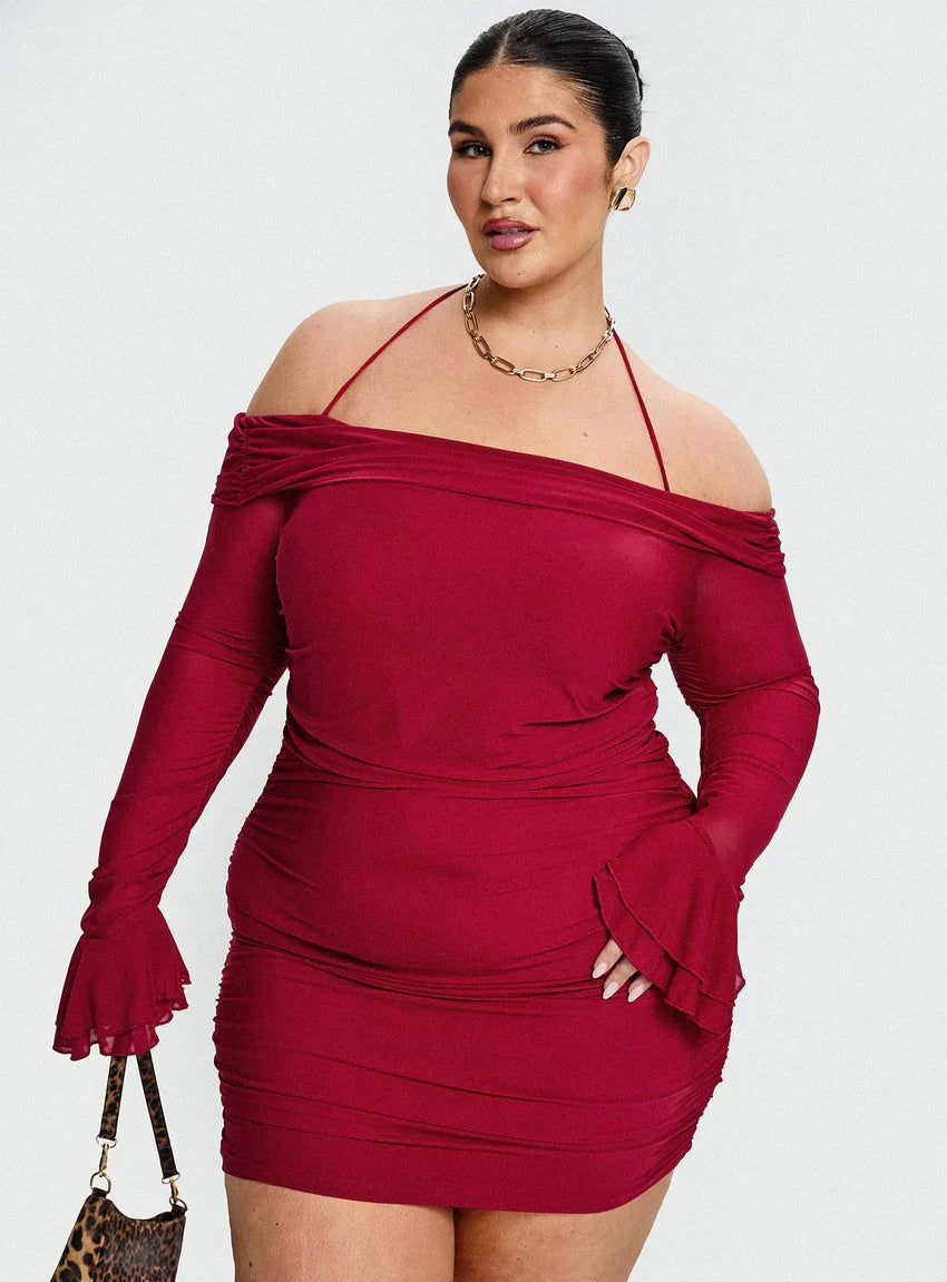 Taylon Off Shoulder Long Sleeve Mini Dress Red Curve