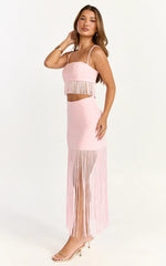 Evie Two Piece Top And Skirt Set - Fringed Micro Top And Tiered Fringed Mini Skirt In Pink