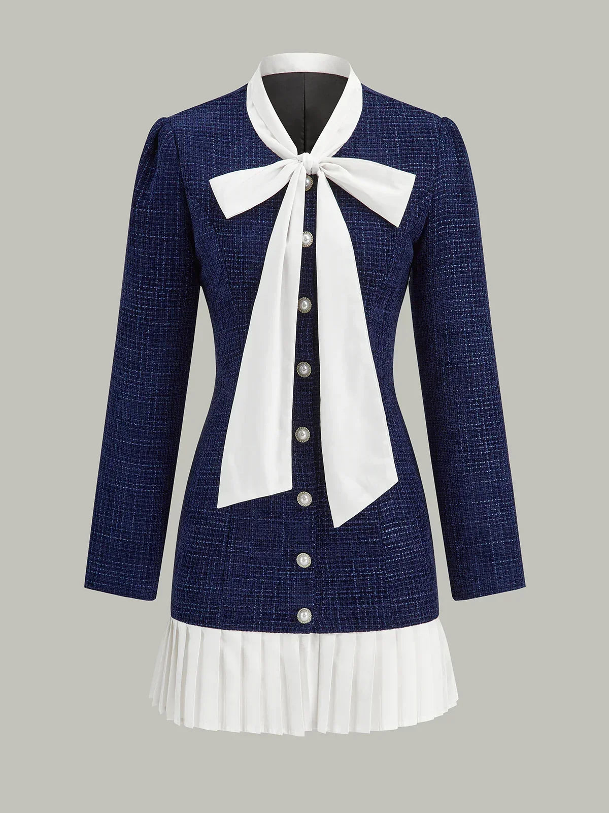 Pleated Hem Bow Neckline Tweed Mini Dress