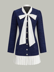 Pleated Hem Bow Neckline Tweed Mini Dress