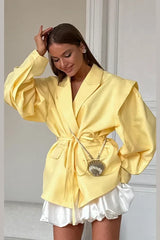 V-Neck Belted Shoulder Pad Blazer