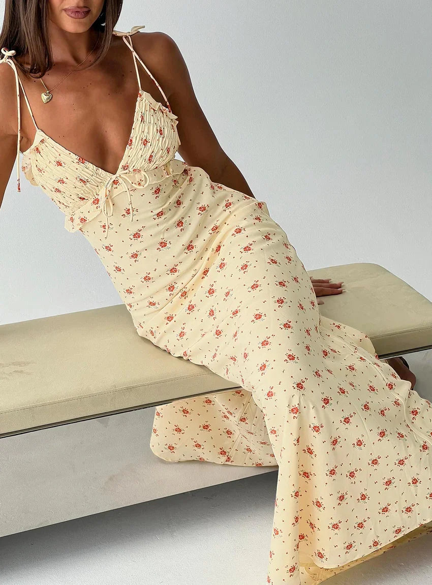Morcar Frill V Neck Maxi Dress Yellow Floral
