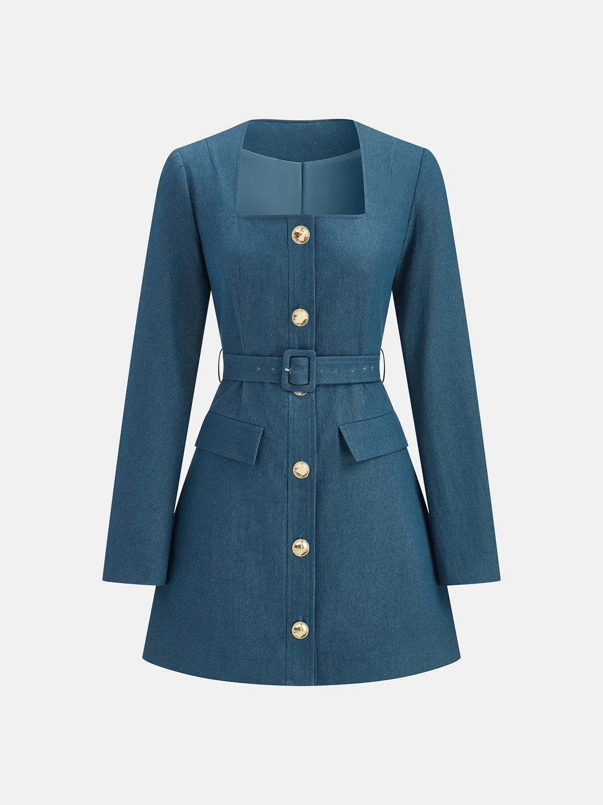 Square-Neck Belted Metal Button Mini Dress
