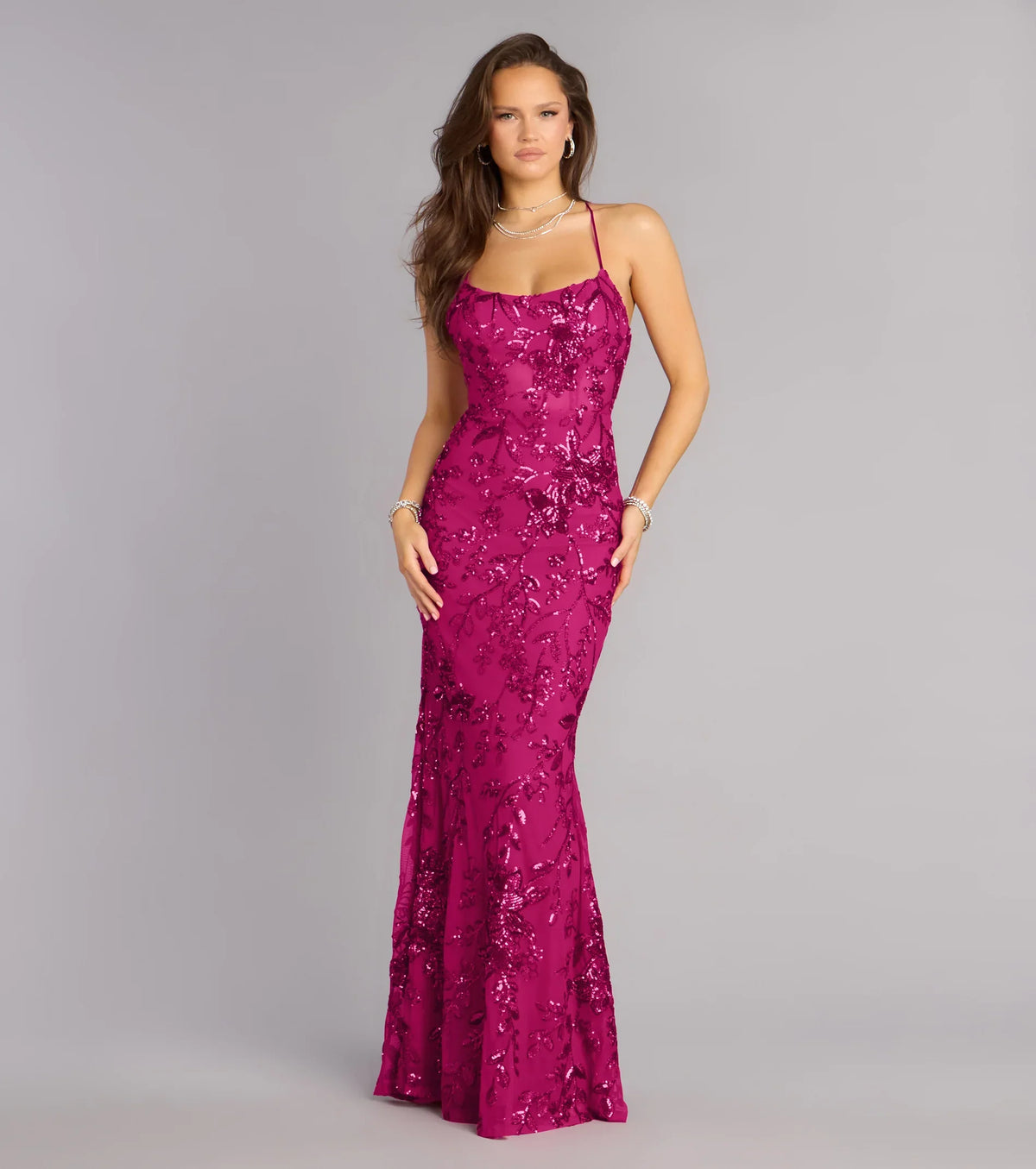 Kaelie Floral Sequin Open Back Mermaid Dress