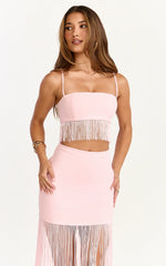Evie Two Piece Top And Skirt Set - Fringed Micro Top And Tiered Fringed Mini Skirt In Pink