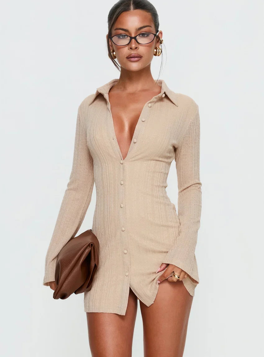 When You Sleep Long Sleeve Mini Dress Beige