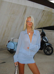 Moonrising Long Sleeve Sheer Blouson Mini Dress Blue