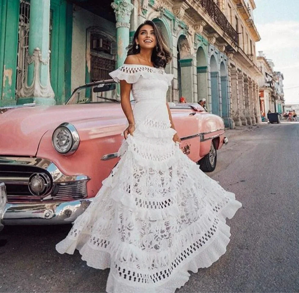 JuliaFashion - White Lace Petal Sleeve Vintage Maxi Dress