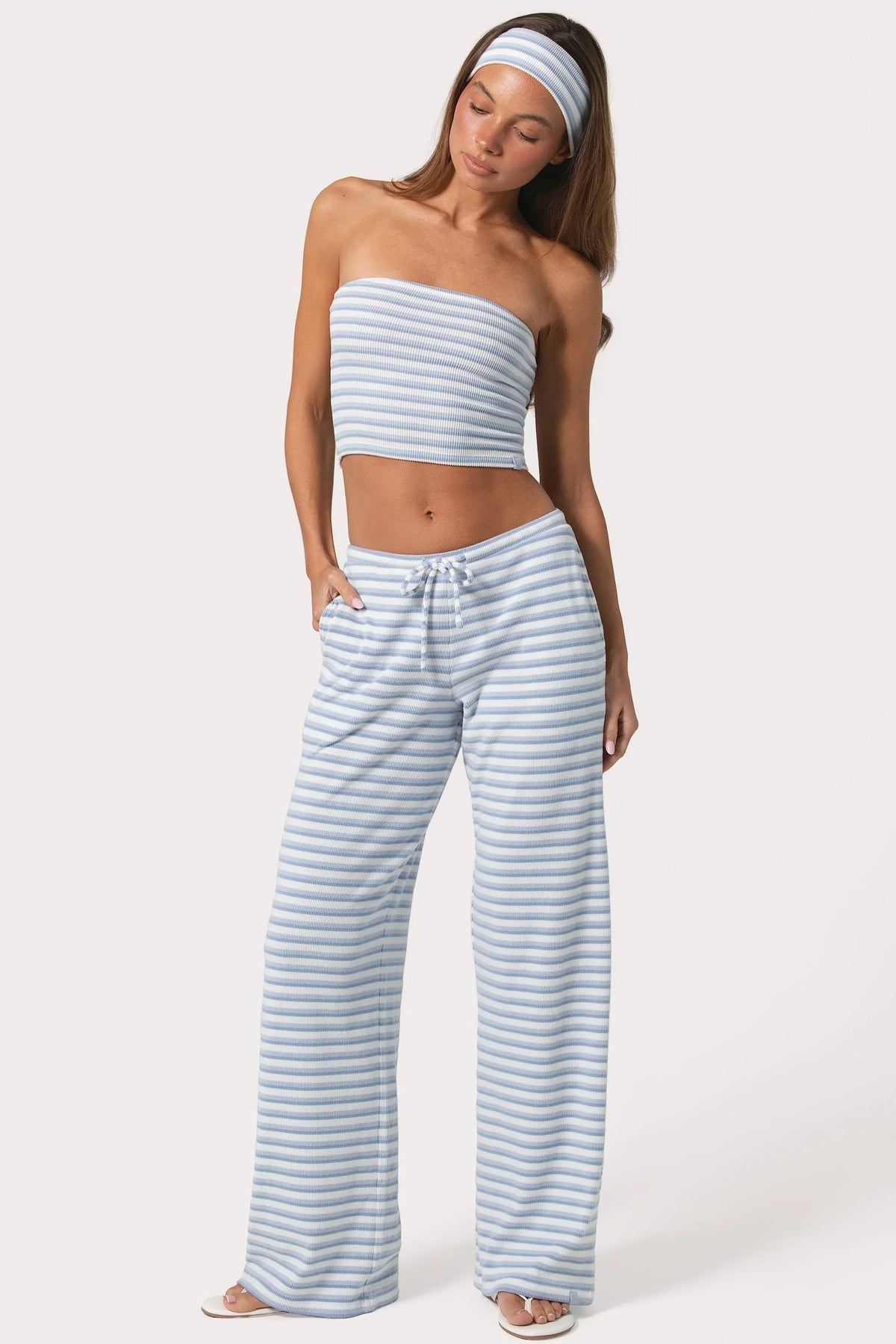 Ribbed Jersey Low-Rise Trousers in Blue Stripe
