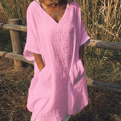 JuliaFashion-Oversize V-Neck Short Sleeve Summer Dress