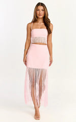 Evie Two Piece Top And Skirt Set - Fringed Micro Top And Tiered Fringed Mini Skirt In Pink