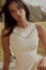 white cotton lace trim waist cinch midi dress