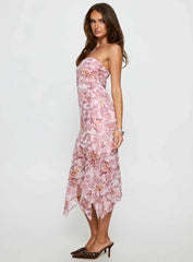 Coralis Strapless Asymmetrical Midi Dress Pink Paisley