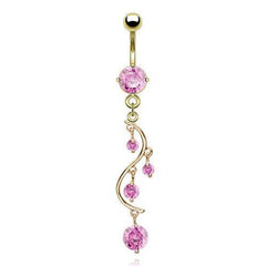 Surgical Steel Gold Plated Vine CZ Dangling Belly Ring